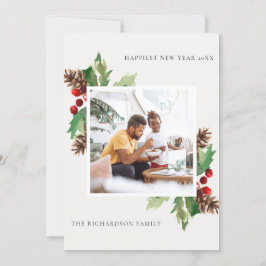 RED GREEN HOLLY BERRY PINE CONE NEW YEAR FOTO FEIERTAGSKARTE