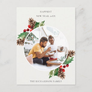 RED GREEN HOLLY BERRY PINE CONE NEW YEAR FOTO POSTKARTE