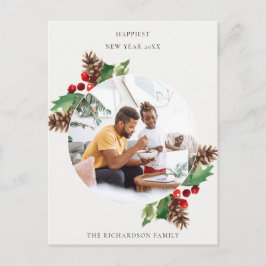 RED GREEN HOLLY BERRY PINE CONE NEW YEAR FOTO POSTKARTE