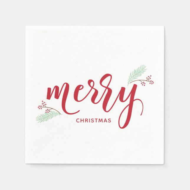 Red & Green Holly und Pine Frohe Weihnachtsfeierta Serviette (Vorderseite)