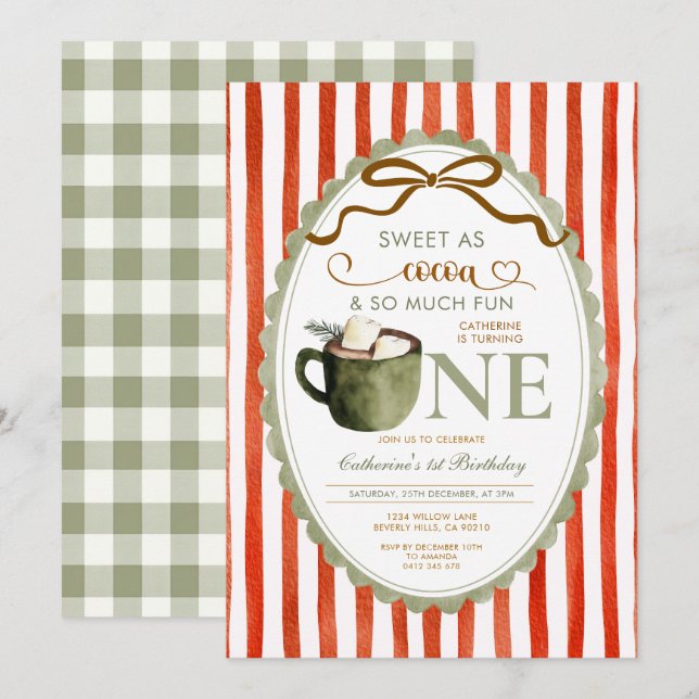 Red Green Hot Cocoa 1st birthday Gingham Einladung (Vorne/Hinten)
