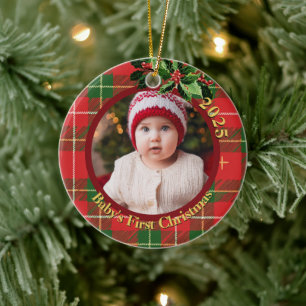 Red Green Kariert   Babys erstes Weihnachtsfest-Fo Keramik Ornament