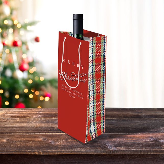 Red Green Kariert Frohe Weihnachten Custom Geschenktüte Für Weinflaschen (Red and green plaid pattern custom wine gift bag)