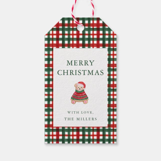 Red Green Kariert Preppy Teddy Weihnachtsgeschenke Geschenkanhänger (Vorderseite)