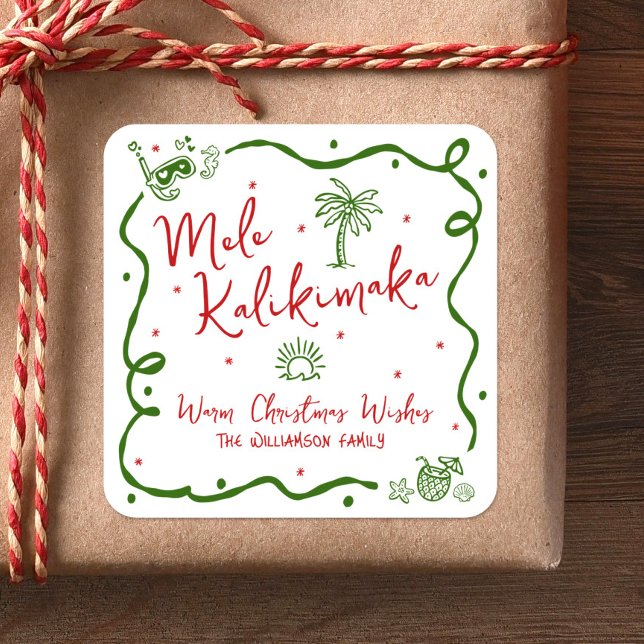 Red Green Mele Kalikimaka Hand Drawn Fun Christmas Quadratischer Aufkleber (Von Creator hochgeladen)