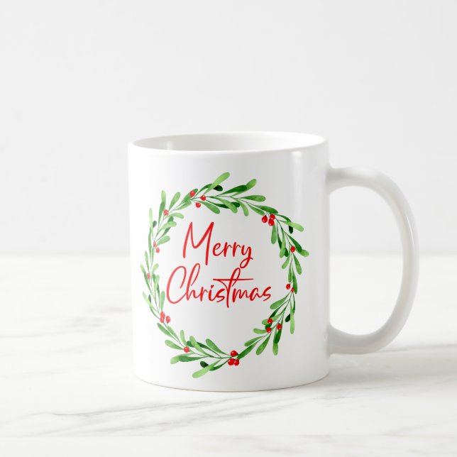 Red Green Minimal Weihnachtskranz Wasserfarbe Kaffeetasse (Rechts)