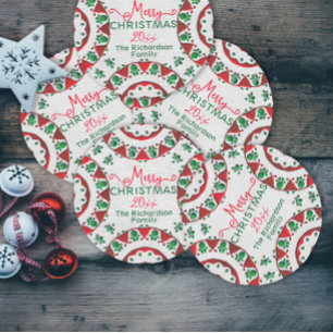 Red Green Nordic Folk Motive auf Linen Weihnachten Runder Aufkleber