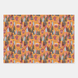 Red Green Orange Christmas Forest Village Geschenkpapier Set