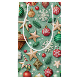 RED & GREEN ORNAMENTS & GOLD HOLIDAY STARS KLEINE GESCHENKTÜTE