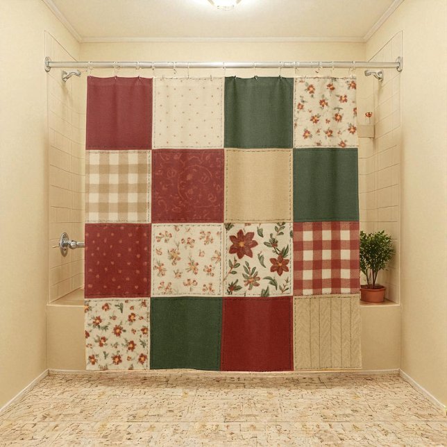 Red Green Patchwork Quilt Rustikales Bauernhaus Bl Duschvorhang (Von Creator hochgeladen)