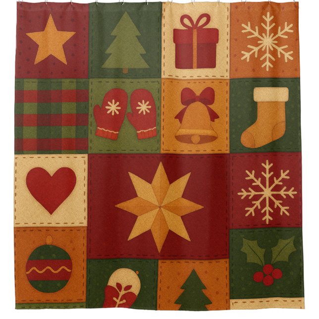 Red Green Patchwork Quilt Rustikales Bauernhaus Bl Duschvorhang (Vorderseite)