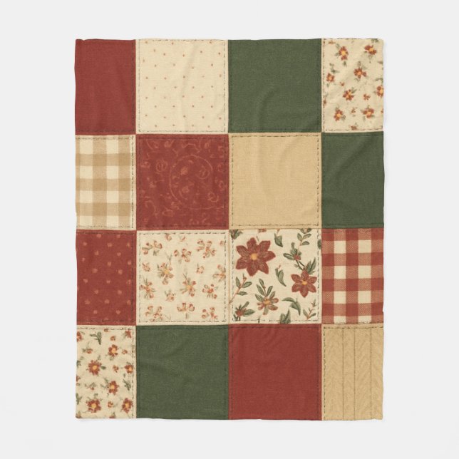 Red Green Patchwork Quilt Rustikales Bauernhaus Bl Fleecedecke (Vorderseite)