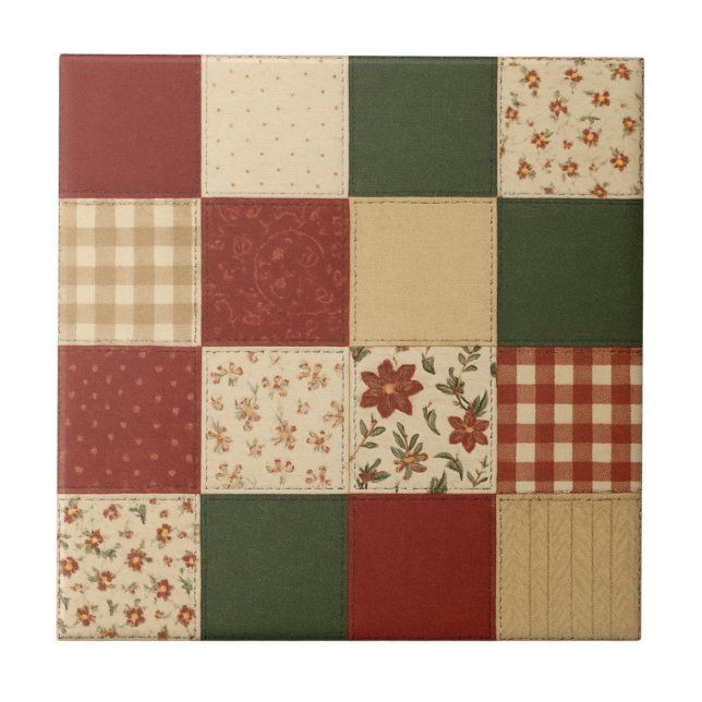 Red Green Patchwork Quilt Rustikales Bauernhaus Bl Fliese (Vorderseite)