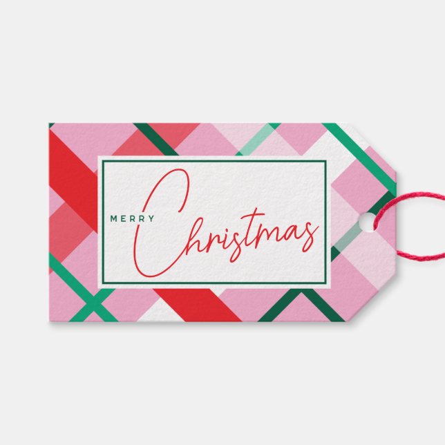 Red Green Pink Christmas Plaid Gift Tag Geschenkanhänger (Vorderseite (Horizontal))