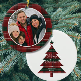 Red Green Plaid Photo Christmas Tree Keramik Ornament