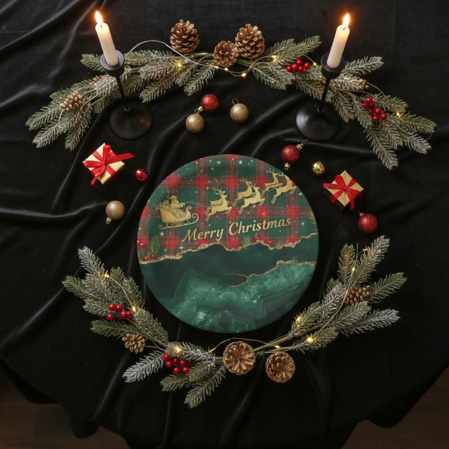 Red Green Plaid Santa Sleigh Merry Christmas Pappteller (Von Creator hochgeladen)