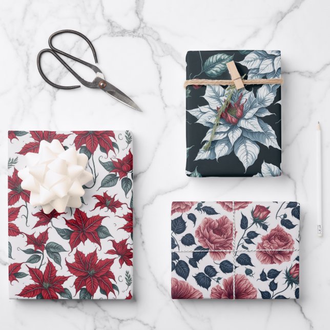 Red & Green Pointsettia Weihnachtsgeschenk Geschenkpapier Set (Vorderseite)