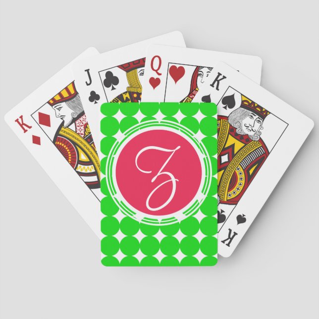 Red & Green Polka Dot Monogram Spielkarten (Rückseite)