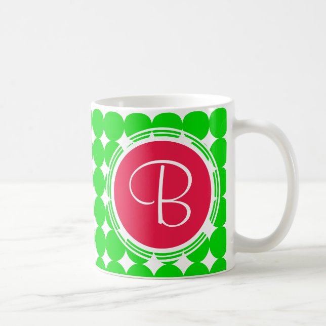 Red & Green Polka Dot Monogram Tasse (Rechts)