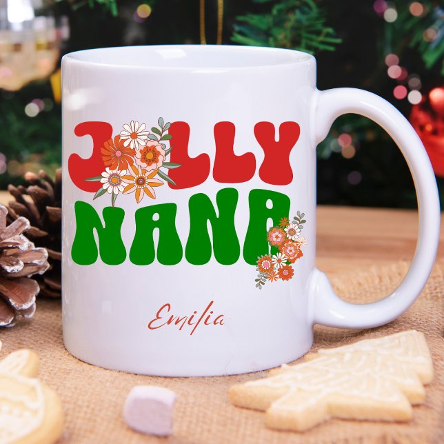 Red & Green Retro Jolly Nana Individuelle Name Wei Tasse (Von Creator hochgeladen)