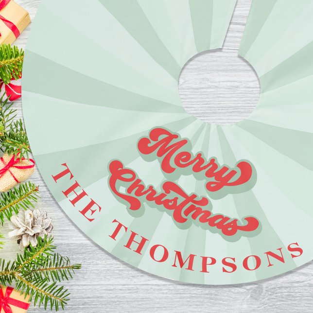 Red Green Retro Merry Christmas Custom Polyester Weihnachtsbaumdecke (Merry Christmas retro style typography Christmas tree skirt.)