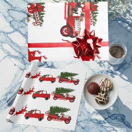 Red Green Retro Truck Rentiere Weihnachtsfracht Geschenkpapier