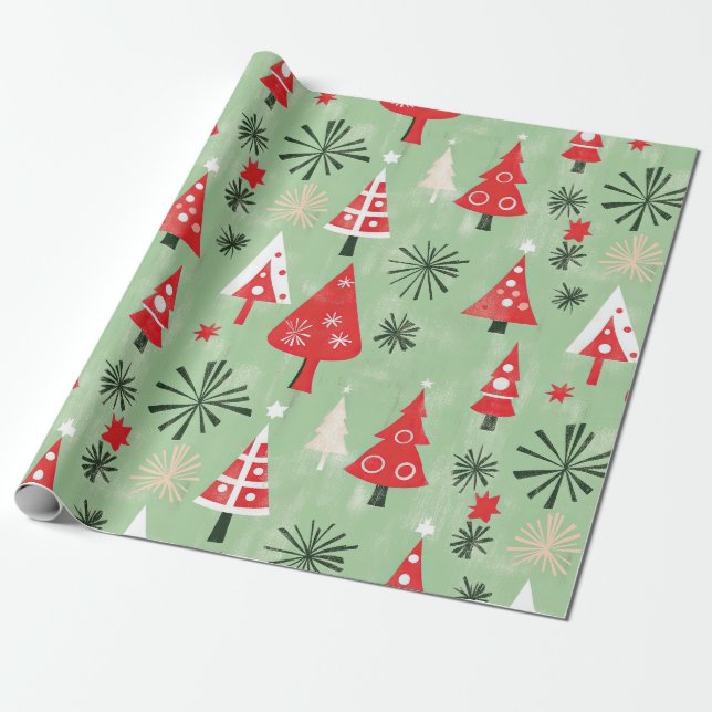 Red Green Retro Weihnachtsbaumen Geschenkpapier (Ungerollt)