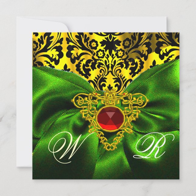 RED GREEN RIBBON GOLD CELTIC HERZ DAMASK MONOGRAMM EINLADUNG (Vorderseite)