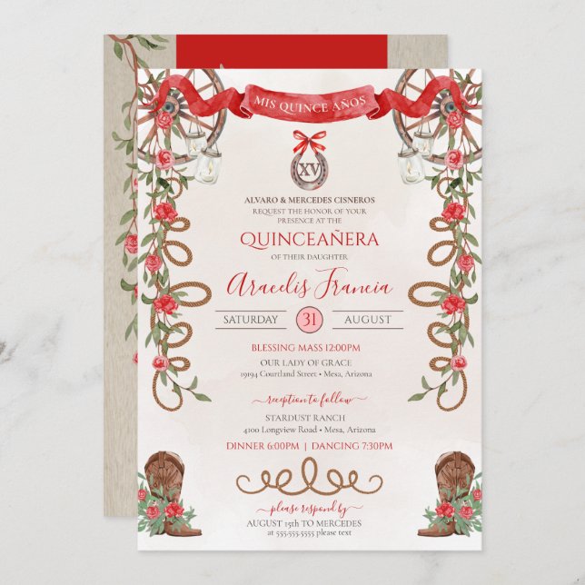 Red Green Rustic Boho Western Charra Quinceanera Einladung (Vorne/Hinten)