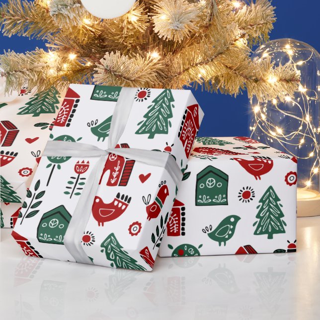 Red & Green Scandinavian Christmas Wrapping Paper Geschenkpapier (Feiertage)