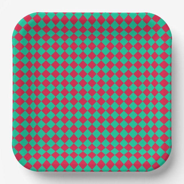 Red Green Schachbrett Diamond Pattern Pappteller (Vorderseite)