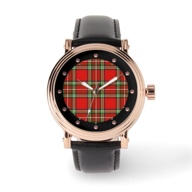 RED GREEN SCOTTISH TARTAN MIT PINK GEMSTONS ARMBANDUHR (Vorderseite)