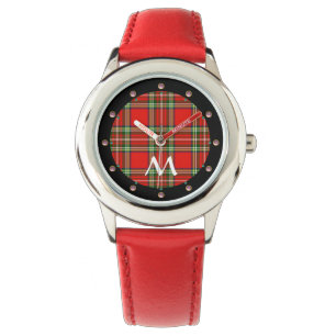 RED GREEN SCOTTISH TARTAN ,PINK GEMSTONES MONOGRAM ARMBANDUHR