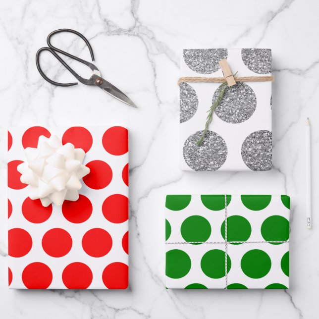 Red Green Silver Glitzer Polka Dog Weihnachten Geschenkpapier Set (Vorderseite)