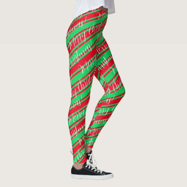 Red Green Stripe White Candy Cane Frohe Weihnachte Leggings (Rechts)