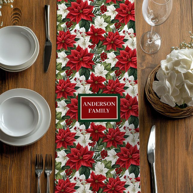 Red Green Table Runner Chic Poinsettia Custom Name Mittelgroßer Tischläufer (Red Green Table Runner Chic Poinsettia Custom Name)