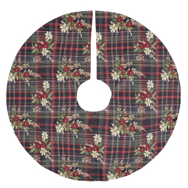 Red Green Tartan Floral Weihnachten Polyester Weihnachtsbaumdecke (Vorderseite)