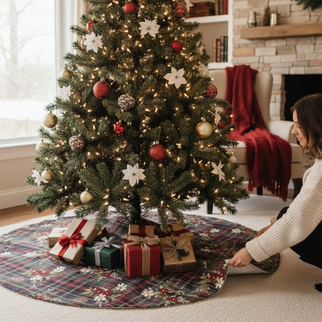 Red Green Tartan Floral Weihnachten Polyester Weihnachtsbaumdecke (Von Creator hochgeladen)