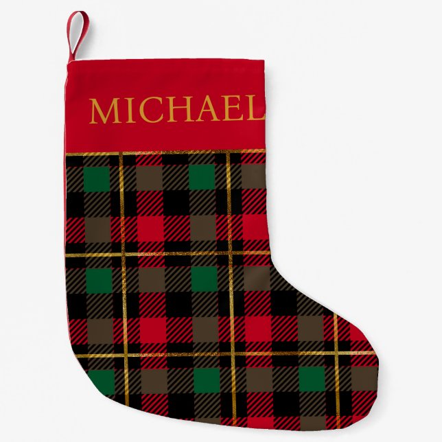 Red Green Tartan Kariert Personalisiert Kleiner Weihnachtsstrumpf (Vorderseite)