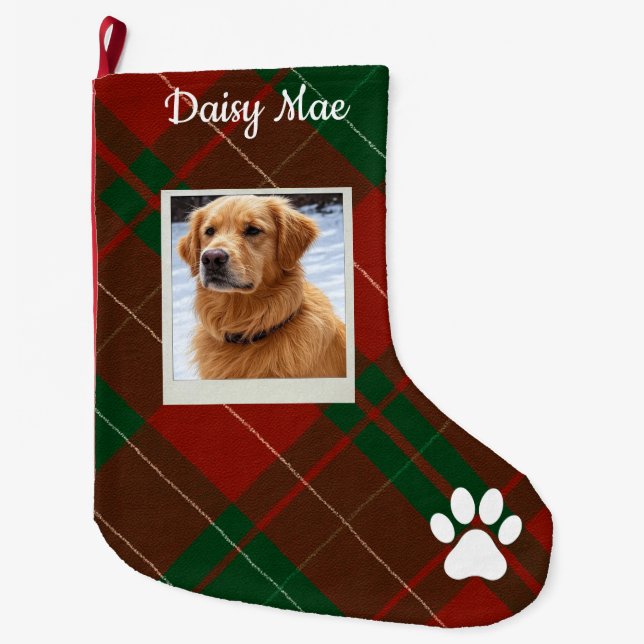 Red & Green Tartan Plaid Personalized Pet Großer Weihnachtsstrumpf (Vorderseite)