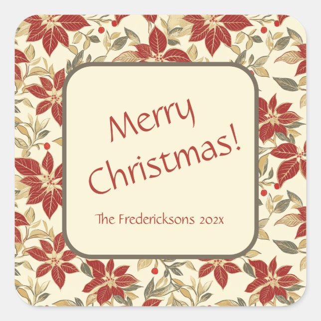Red Green Vintag Poinsettias Quadratischer Aufkleber (Vorderseite)