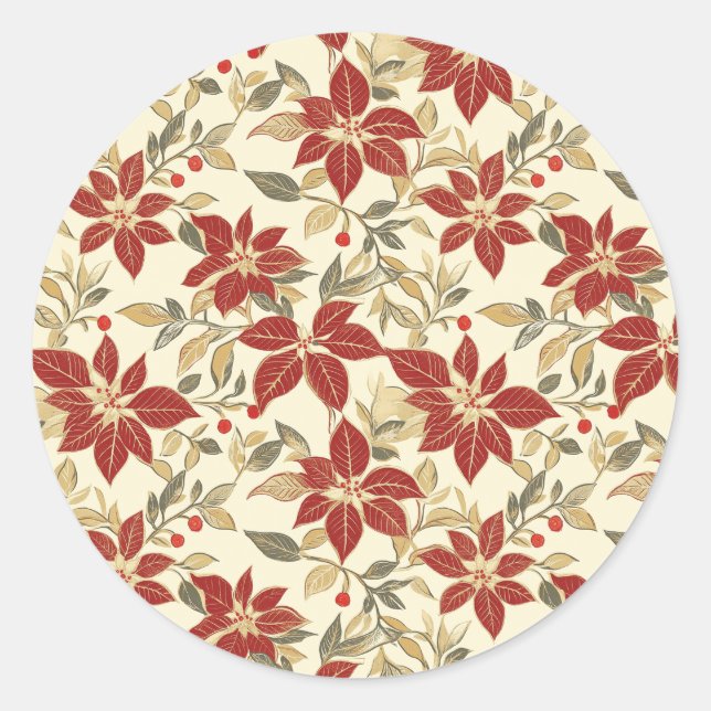 Red Green Vintag Poinsettias Runder Aufkleber (Vorderseite)