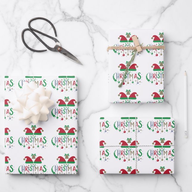 Red Green Weihnachtsmannmütze Christmas Bells Geschenkpapier Set (Vorderseite)