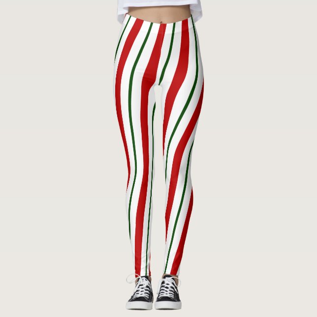 Red Green & White Candy Cane Streifen Weihnachten Leggings (Vorderseite)