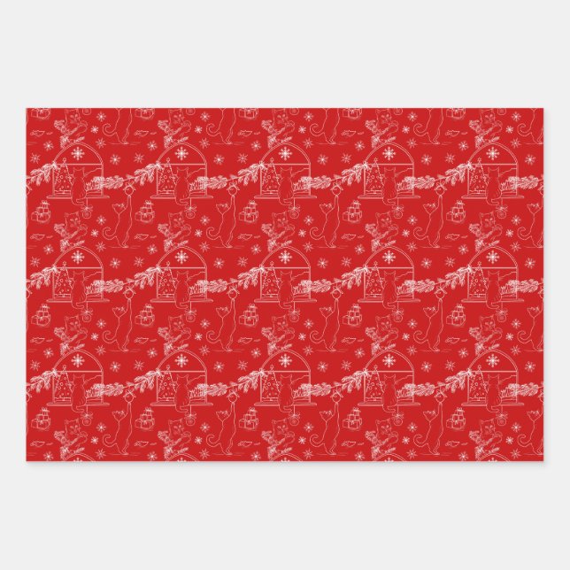 Red green & white Christmas winter cats Geschenkpapier Set (Vorderseite)