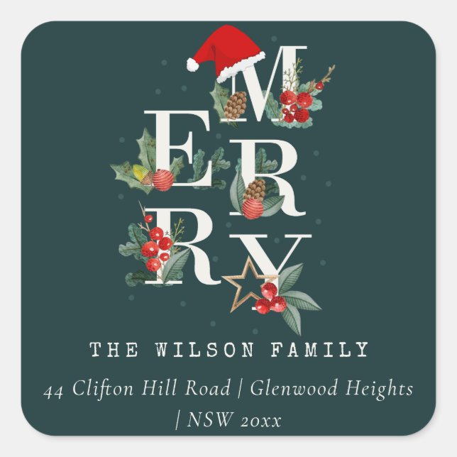 Red Green White Frohe Weihnachtsfoliage Adresse Quadratischer Aufkleber (Vorderseite)