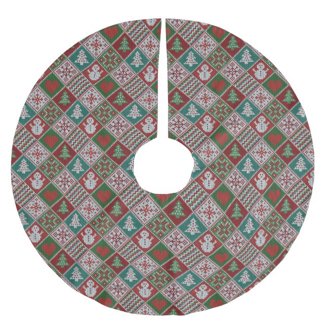 Red Green White Imitats Strick Weihnachtsmuster Polyester Weihnachtsbaumdecke (Vorderseite)