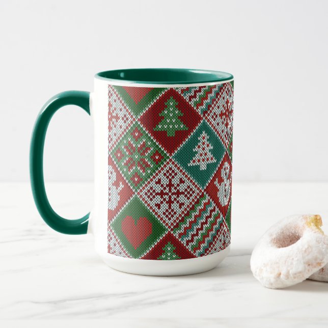 Red Green White Imitats Strick Weihnachtsmuster Tasse (Mit Donut)