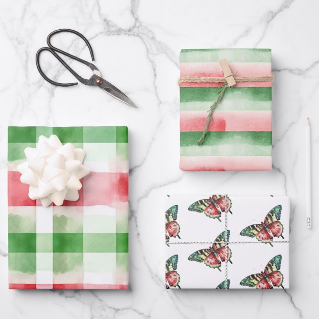 Red Green White Stripes Birthday Geschenkpapier Set (Vorderseite)