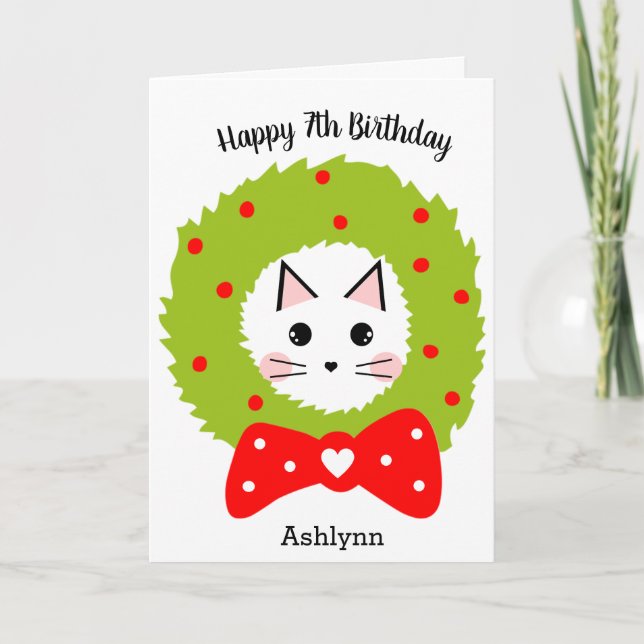 Red Green Wreath Bow Cat Christmas Geburtstag Karte (Vorderseite)